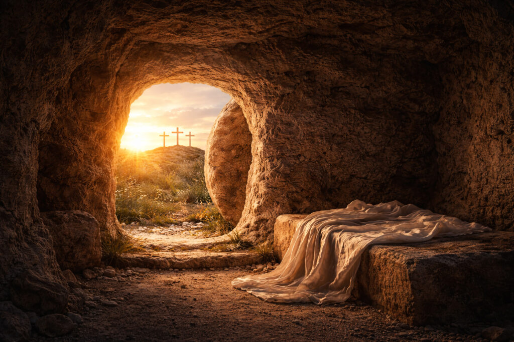 Tumba de Jesús vacía y abierta, con tres cruces al fondo y el sol iluminando desde el fondo.