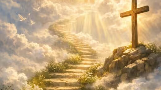 Escaleras subiendo hacia el cielo en donde hay un reino y una luz bastante resplandeciente