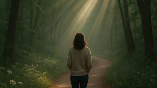 Mujer caminando por un camino oscuro lleno de arboles que está siendo iluminado por el sol que está resplandeciendo a través de los arboles