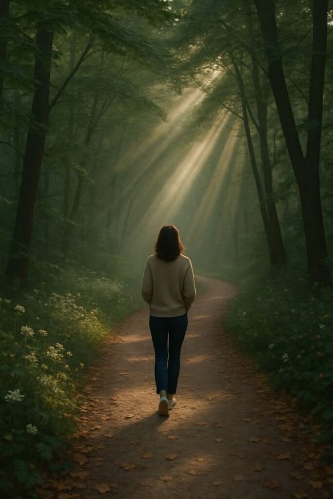 Mujer caminando por un camino oscuro lleno de arboles que está siendo iluminado por el sol que está resplandeciendo a través de los arboles