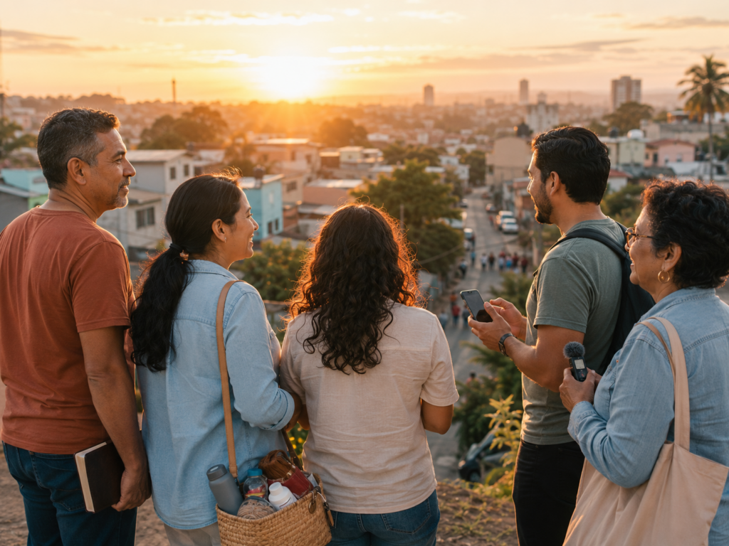 Grupo de personas reunidas mirando al atardecer